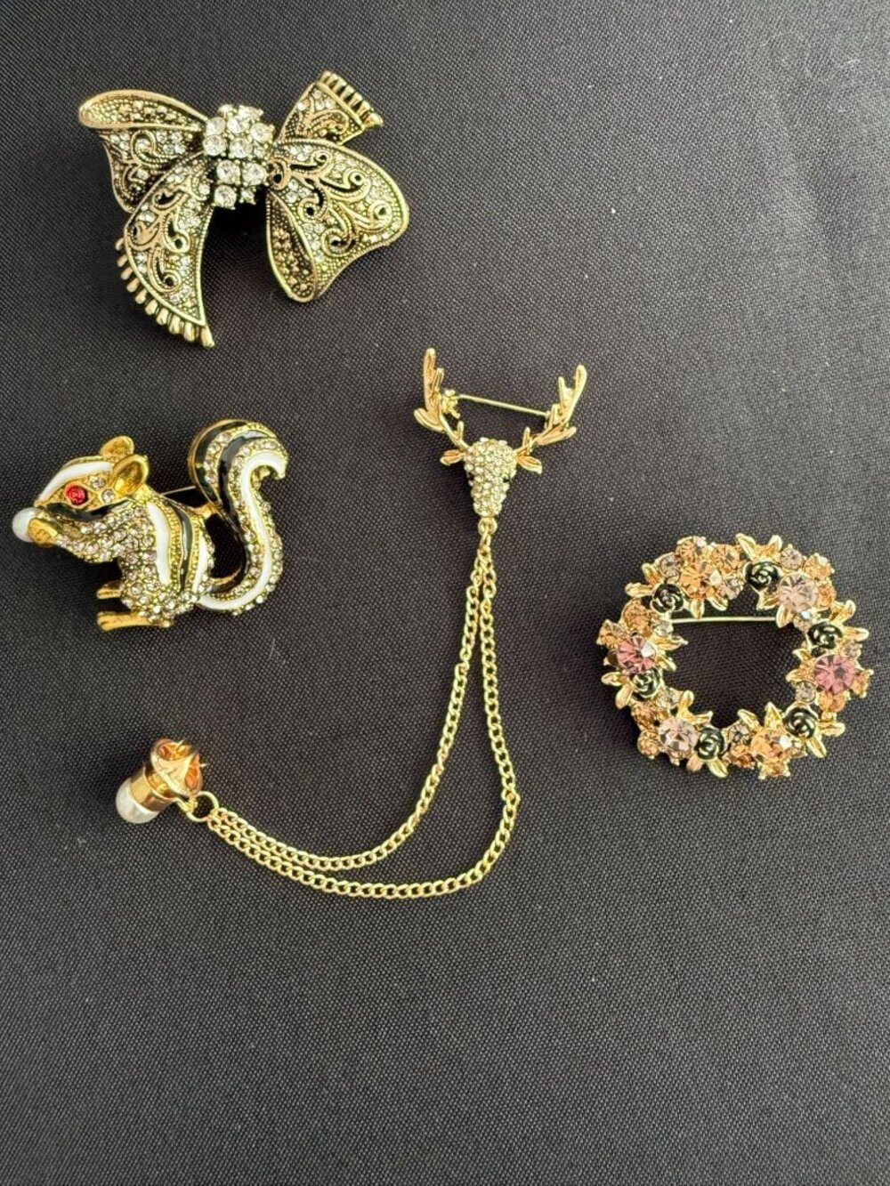Holiday Brooch Set of 4 – Reindeer Chain, Wreath, Bow & Squirrel Rhinestone Pins